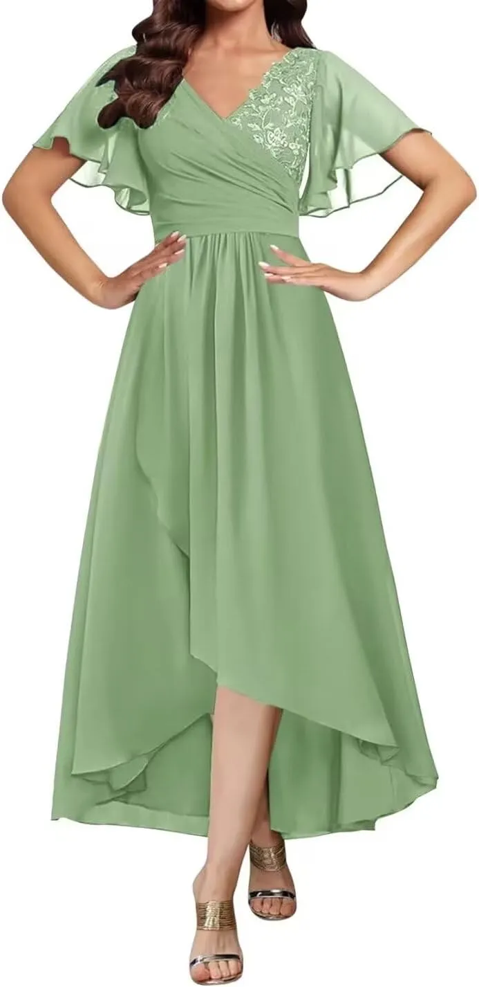 Lace Appliques Mother of The Bride Dresses Tea Length Chiffon Formal Party Gowns Summer Wedding Guest Dress with Sleeves