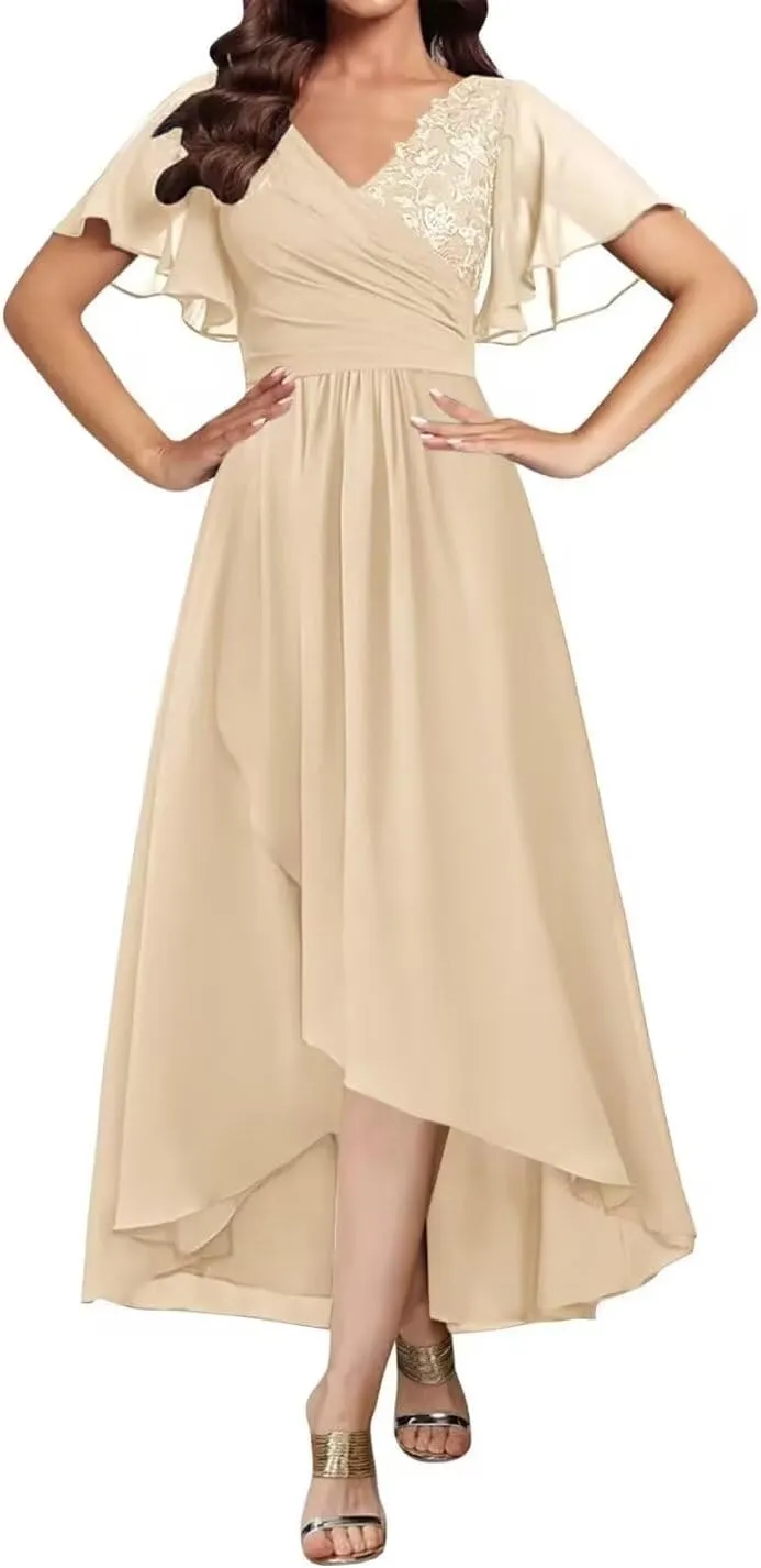 Lace Appliques Mother of The Bride Dresses Tea Length Chiffon Formal Party Gowns Summer Wedding Guest Dress with Sleeves