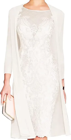 Lace Mother of The Bride Dress with Jacket for Wedding Knee Length Chiffon 3/4 Sleeve Formal Evening Party Gown for Women Ivory US14