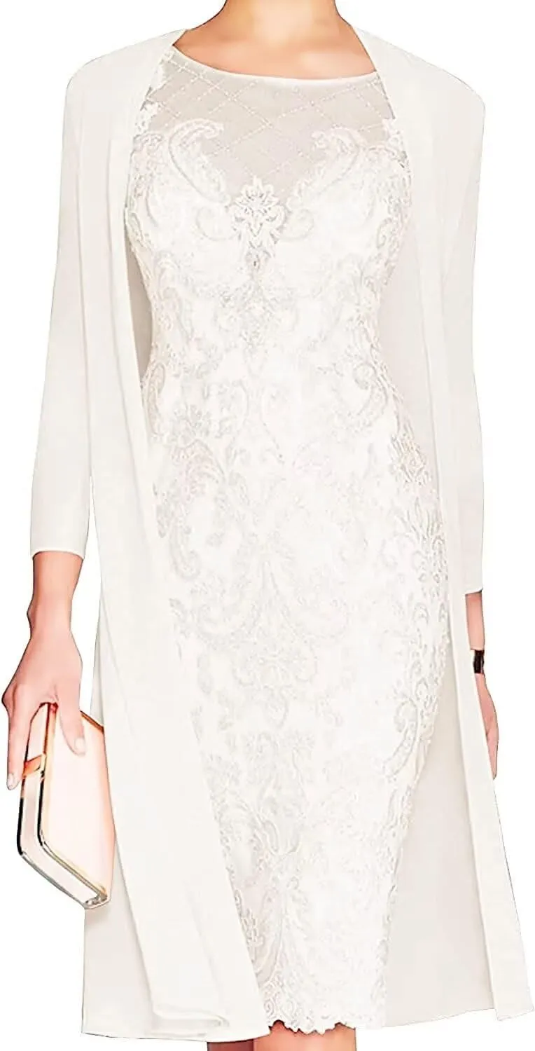 Lace Mother of The Bride Dress with Jacket for Wedding Knee Length Chiffon 3/4 Sleeve Formal Evening Party Gown for Women Ivory US14