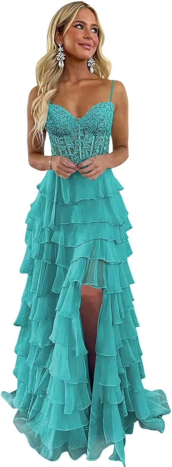 Lace Tiered Prom Dress with Slit 2025 Ruffle Sweetheart Spaghetti Strap Chiffon Formal Evening Dress IMC057
