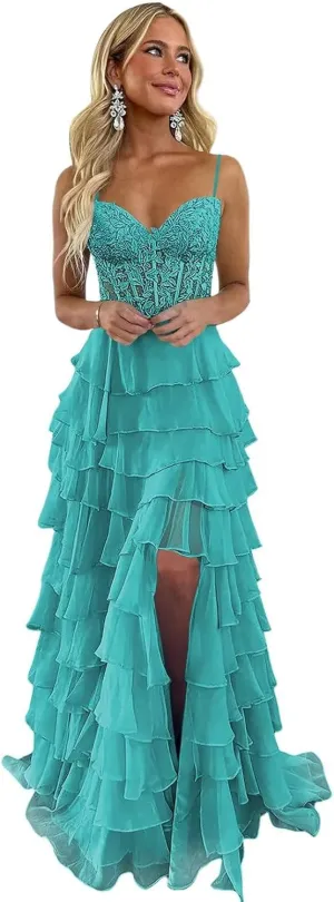 Lace Tiered Prom Dress with Slit 2025 Ruffle Sweetheart Spaghetti Strap Chiffon Formal Evening Dress IMC057