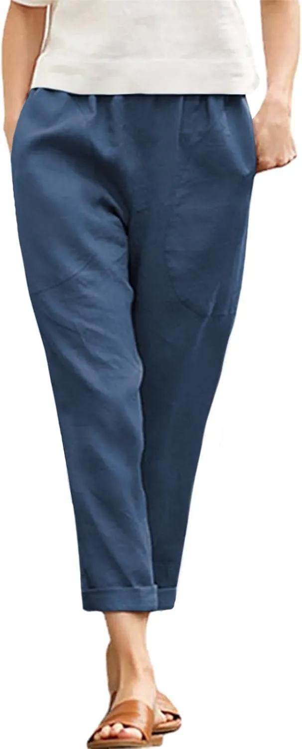 Langwyqu Womens Casual Cotton Tapered Capri Cargo Pants Loose Elastic Waist Ankle Cropped Trouser with Pockets