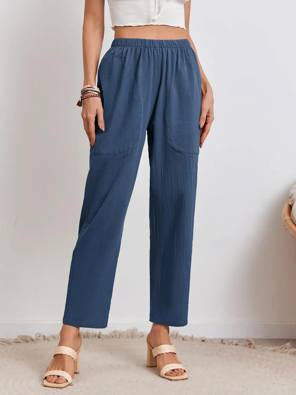 Langwyqu Womens Casual Cotton Tapered Capri Cargo Pants Loose Elastic Waist Ankle Cropped Trouser with Pockets