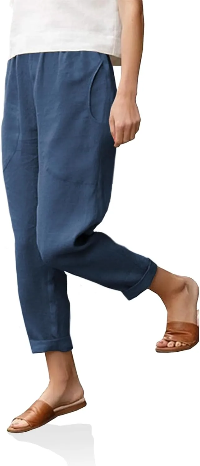Langwyqu Womens Casual Cotton Tapered Capri Cargo Pants Loose Elastic Waist Ankle Cropped Trouser with Pockets