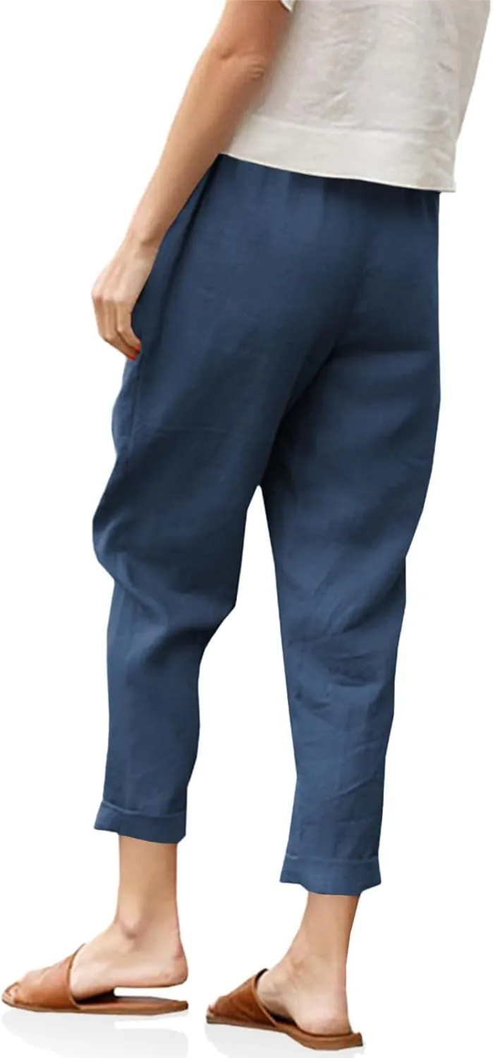 Langwyqu Womens Casual Cotton Tapered Capri Cargo Pants Loose Elastic Waist Ankle Cropped Trouser with Pockets