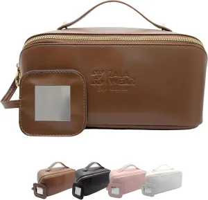 Large Capacity Travel Lay Flat Makeup Bag with Mirror  Faux Leather Make Up Traveling Organizer Bag Case for Women  Multifunctional Waterproof Cosmetic Toiletry Skincare Bag (Brown)