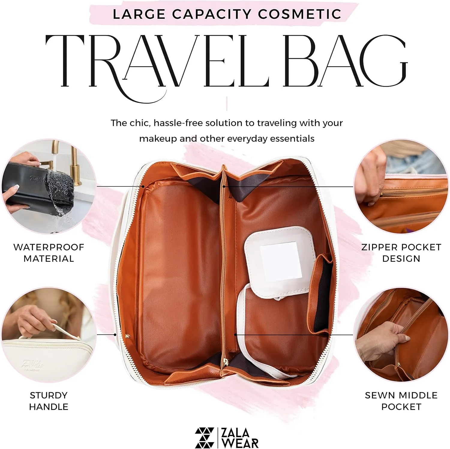 Large Capacity Travel Lay Flat Makeup Bag with Mirror  Faux Leather Make Up Traveling Organizer Bag Case for Women  Multifunctional Waterproof Cosmetic Toiletry Skincare Bag (Brown)