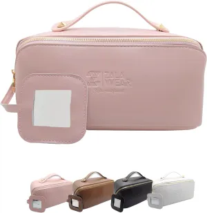 Large Capacity Travel Lay Flat Makeup Bag with Mirror  Faux Leather Make Up Traveling Organizer Bag Case for Women  Multifunctional Waterproof Cosmetic Toiletry Skincare Bag (Pink)