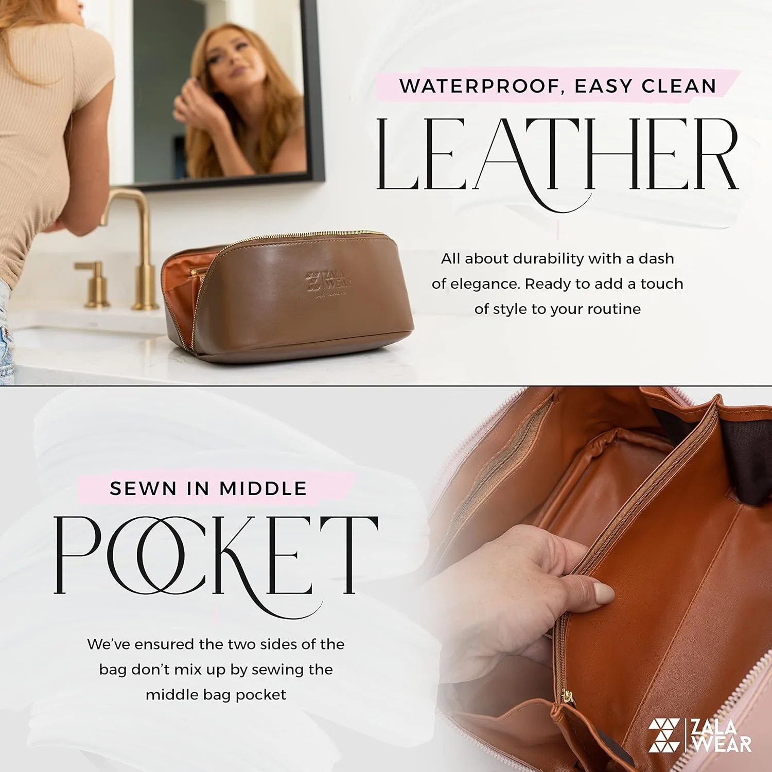 Large Capacity Travel Lay Flat Makeup Bag with Mirror  Faux Leather Make Up Traveling Organizer Bag Case for Women  Multifunctional Waterproof Cosmetic Toiletry Skincare Bag (Pink)