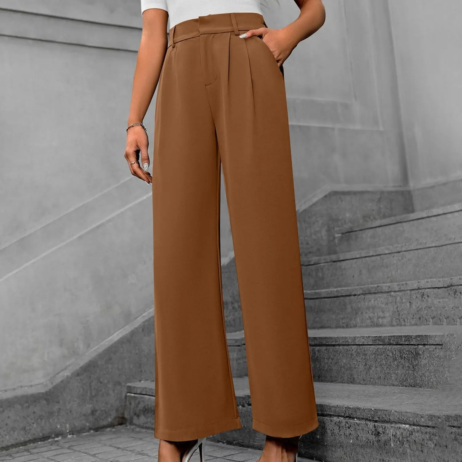 Lastesso Pants for Women Solid Straight Wide Leg Trousers with Pcoekts High Waisted Baggy Business Casual Suit Pants