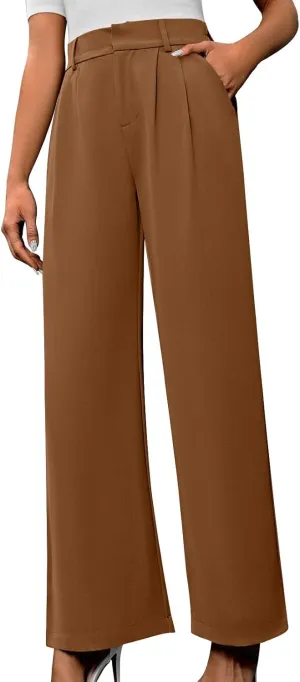 Lastesso Pants for Women Solid Straight Wide Leg Trousers with Pcoekts High Waisted Baggy Business Casual Suit Pants