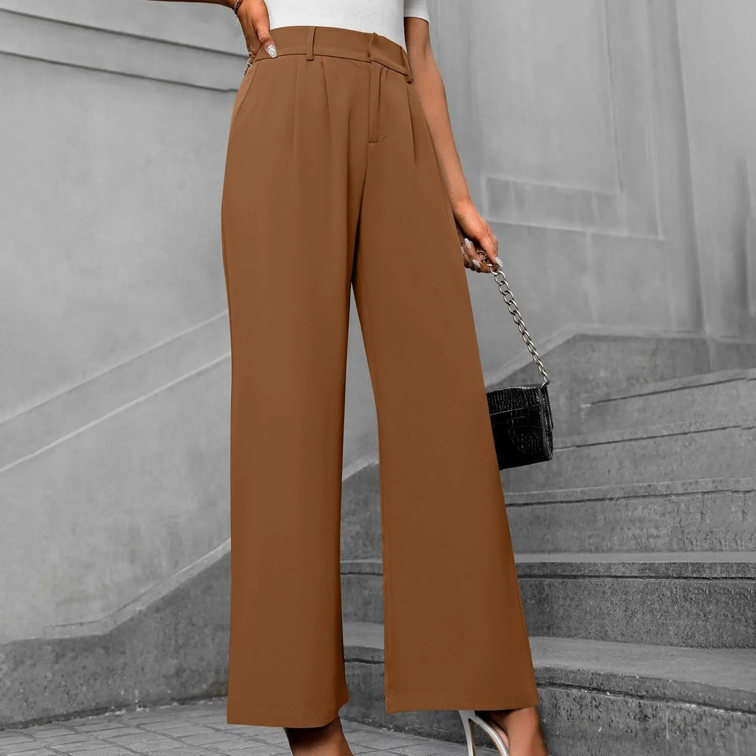 Lastesso Pants for Women Solid Straight Wide Leg Trousers with Pcoekts High Waisted Baggy Business Casual Suit Pants