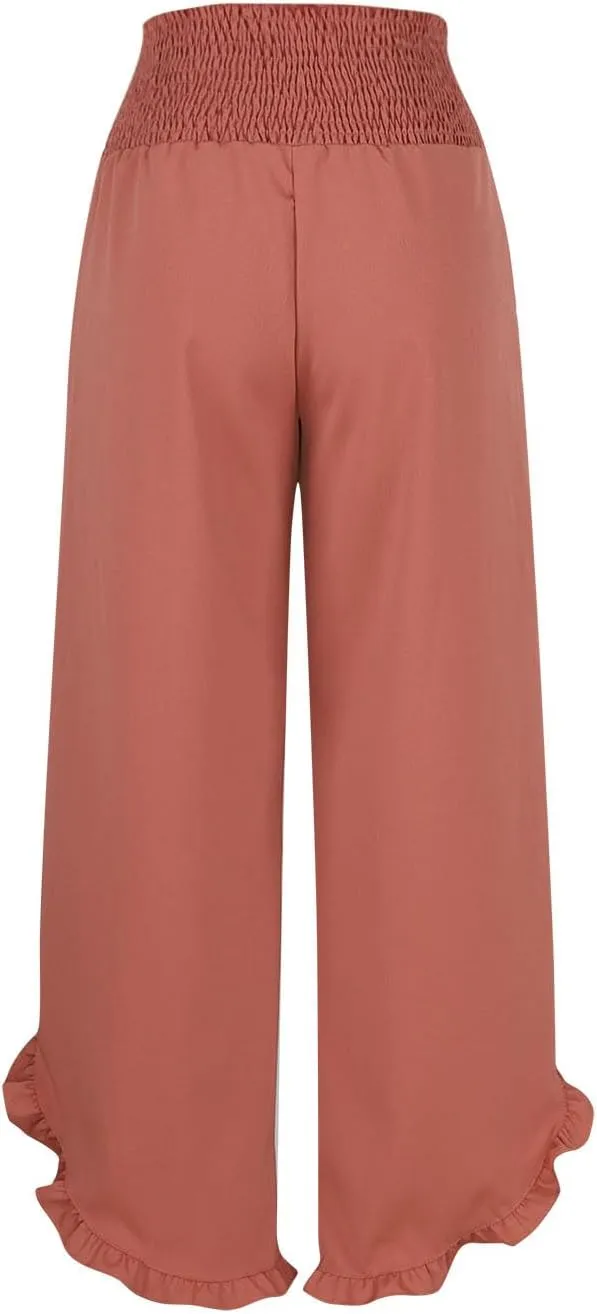 LEMONONSTORE Fashion Women Smocked Paperbag Wide Leg Pants Cute Ruffle Trim Hem Summer Linen Pant Loose Boho Beach Trousers