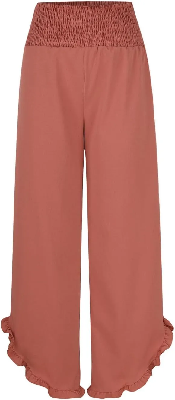 LEMONONSTORE Fashion Women Smocked Paperbag Wide Leg Pants Cute Ruffle Trim Hem Summer Linen Pant Loose Boho Beach Trousers