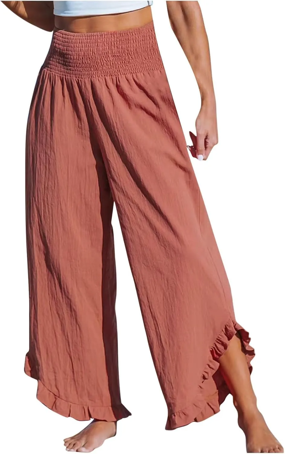 LEMONONSTORE Fashion Women Smocked Paperbag Wide Leg Pants Cute Ruffle Trim Hem Summer Linen Pant Loose Boho Beach Trousers