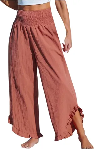 LEMONONSTORE Fashion Women Smocked Paperbag Wide Leg Pants Cute Ruffle Trim Hem Summer Linen Pant Loose Boho Beach Trousers
