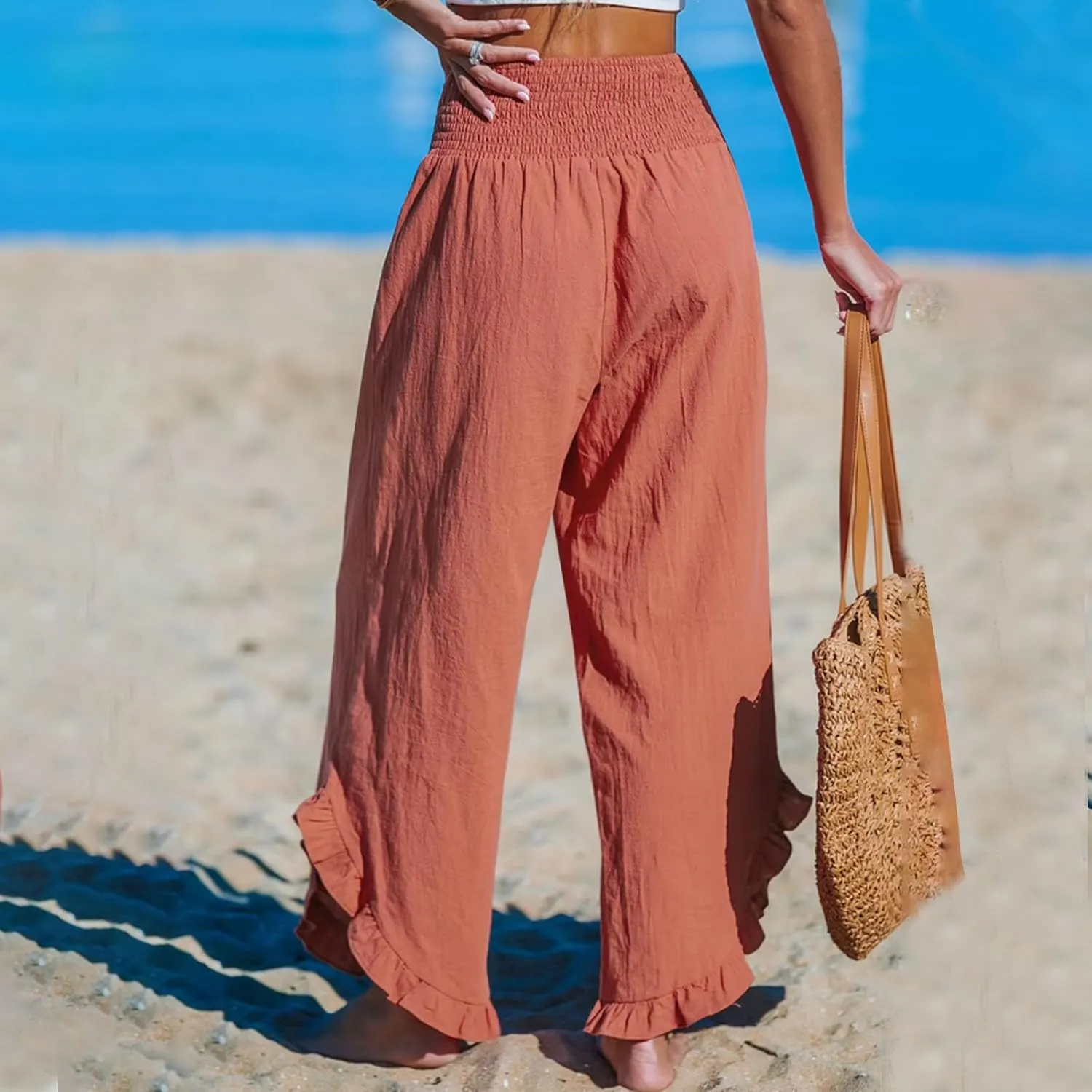 LEMONONSTORE Fashion Women Smocked Paperbag Wide Leg Pants Cute Ruffle Trim Hem Summer Linen Pant Loose Boho Beach Trousers