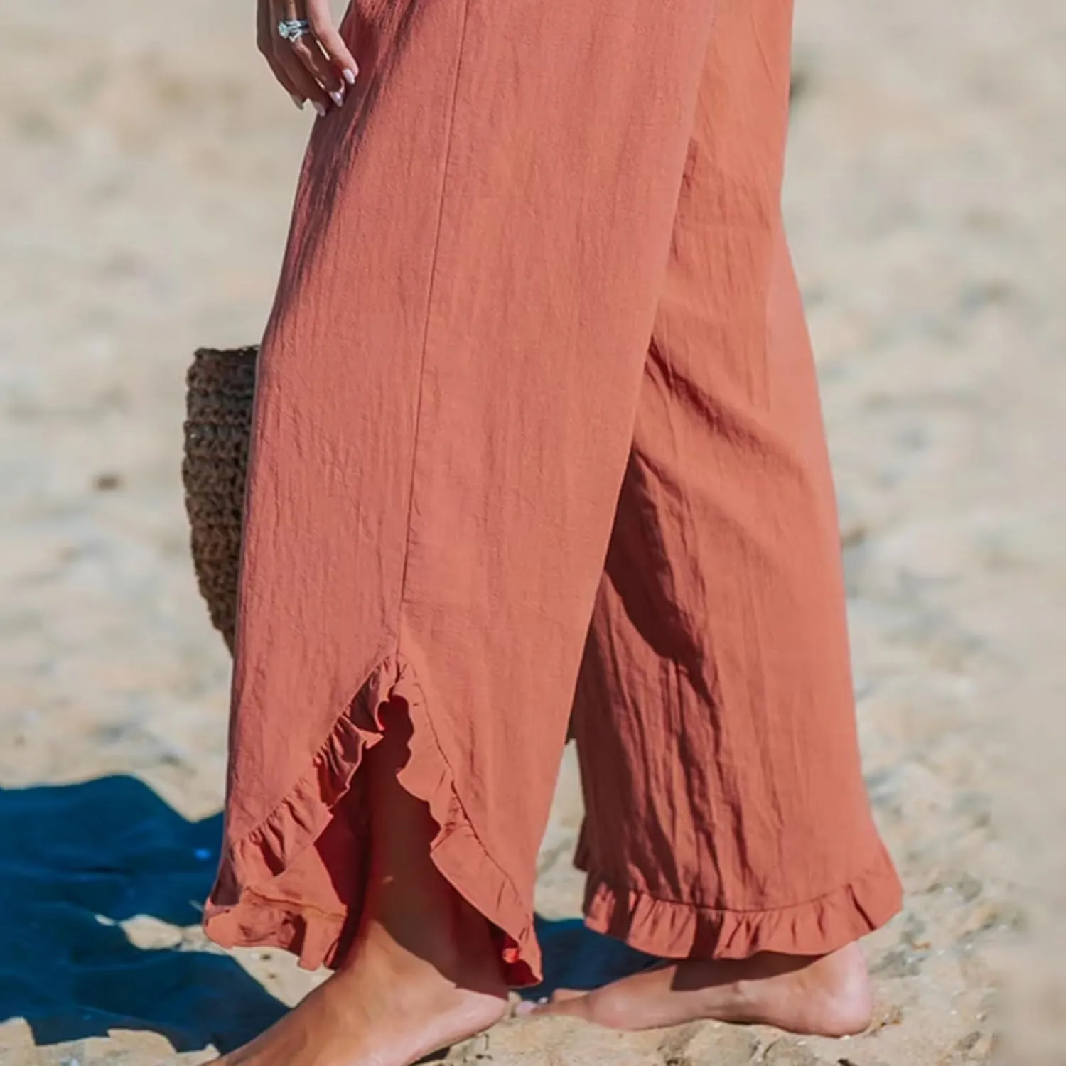 LEMONONSTORE Fashion Women Smocked Paperbag Wide Leg Pants Cute Ruffle Trim Hem Summer Linen Pant Loose Boho Beach Trousers