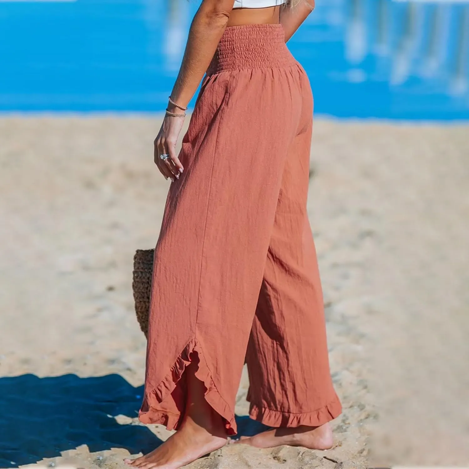 LEMONONSTORE Fashion Women Smocked Paperbag Wide Leg Pants Cute Ruffle Trim Hem Summer Linen Pant Loose Boho Beach Trousers