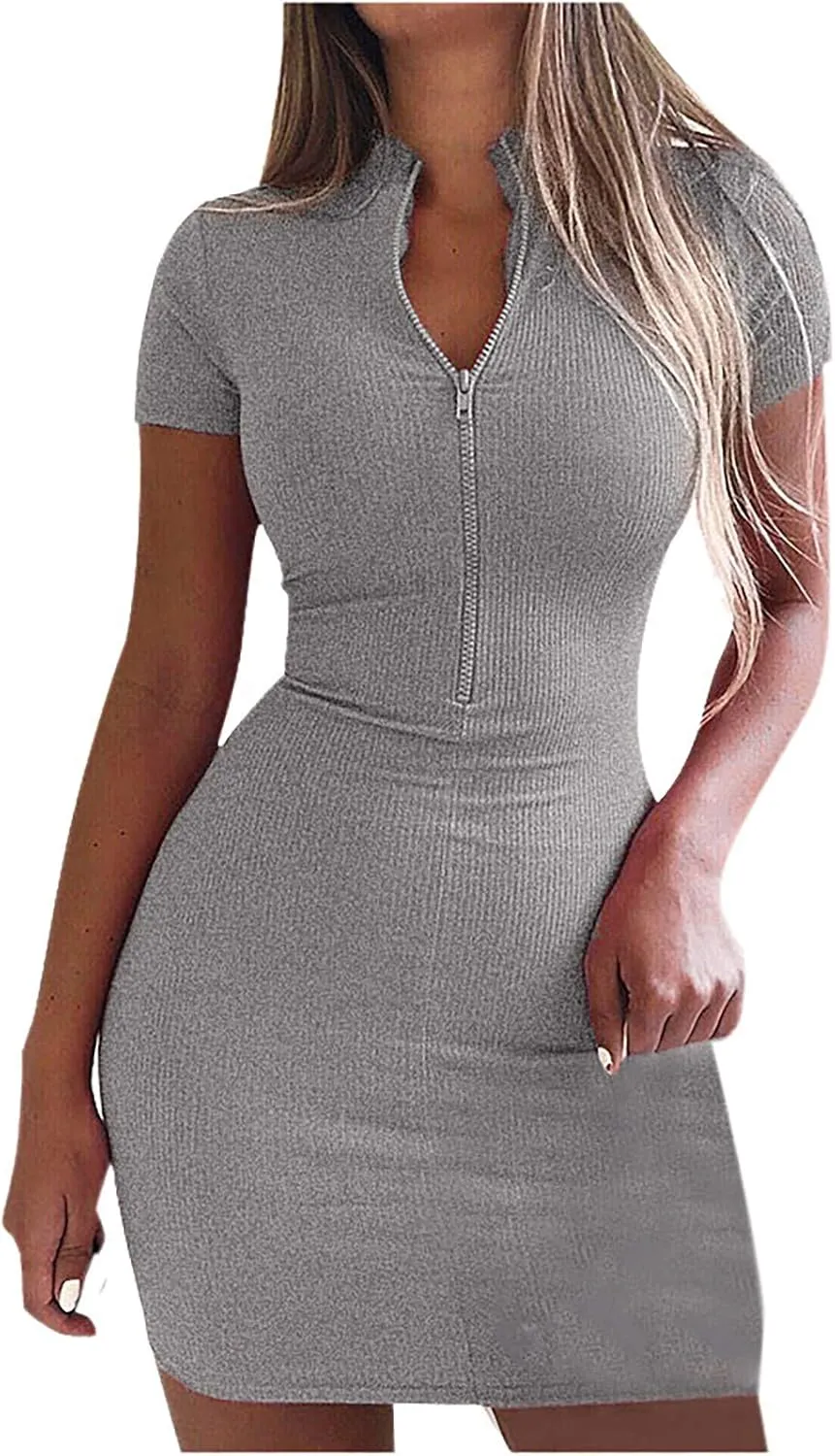 LFEOOST Women's Ribbed Knit Bodycon Dress Sexy Zip Front V Neck Short Sleeve Pencil Skirt Stretchy Comfy Club Mini Dresses