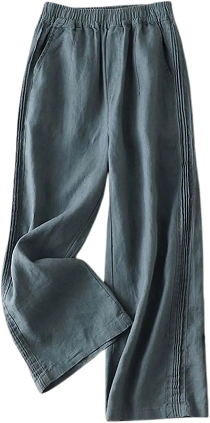 Linen Blend Pants for Women Casual Wide Leg Summer Palazzo Loose High Waist Flowy Beach Pants Baggy Elastic