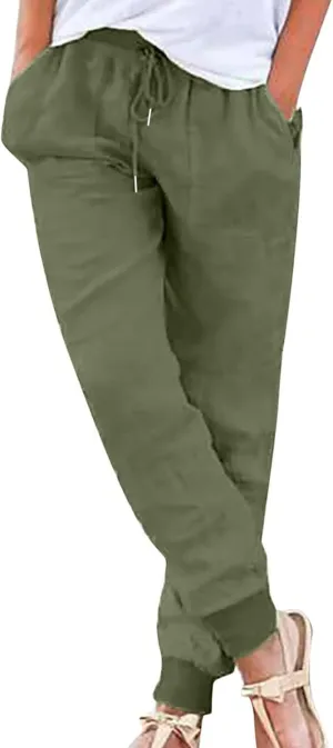 Linen Blend Pants for Women Plus Size Skinny Leg Trousers Elastic Waist Drawstring Pants Loose Fit Summer Pants