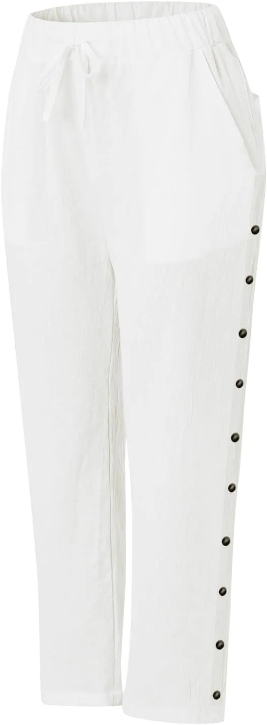 Linen Capris for Women Elastic Waisted Drawstring Capri Pants with Pockets Side Button Casual Summer Cropped Pants