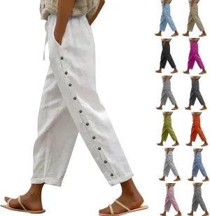 Linen Capris for Women Elastic Waisted Drawstring Capri Pants with Pockets Side Button Casual Summer Cropped Pants