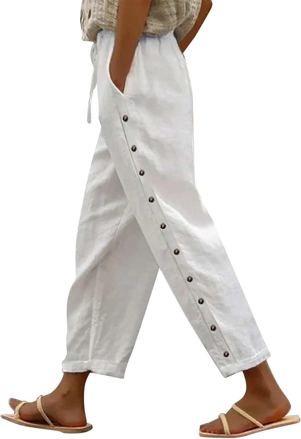 Linen Capris for Women Elastic Waisted Drawstring Capri Pants with Pockets Side Button Casual Summer Cropped Pants