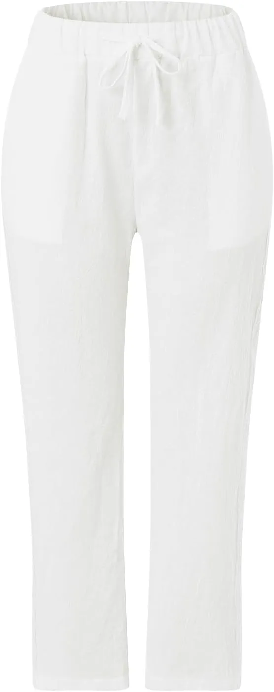 Linen Capris for Women Elastic Waisted Drawstring Capri Pants with Pockets Side Button Casual Summer Cropped Pants