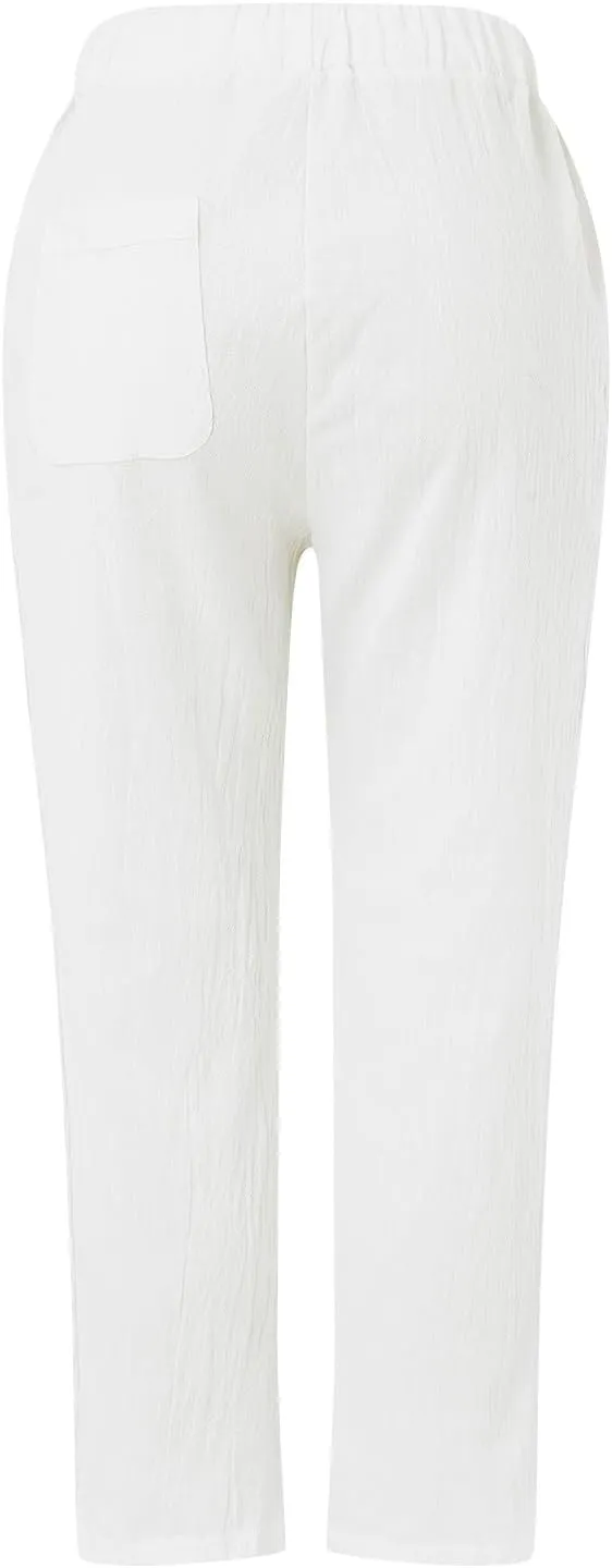 Linen Capris for Women Elastic Waisted Drawstring Capri Pants with Pockets Side Button Casual Summer Cropped Pants