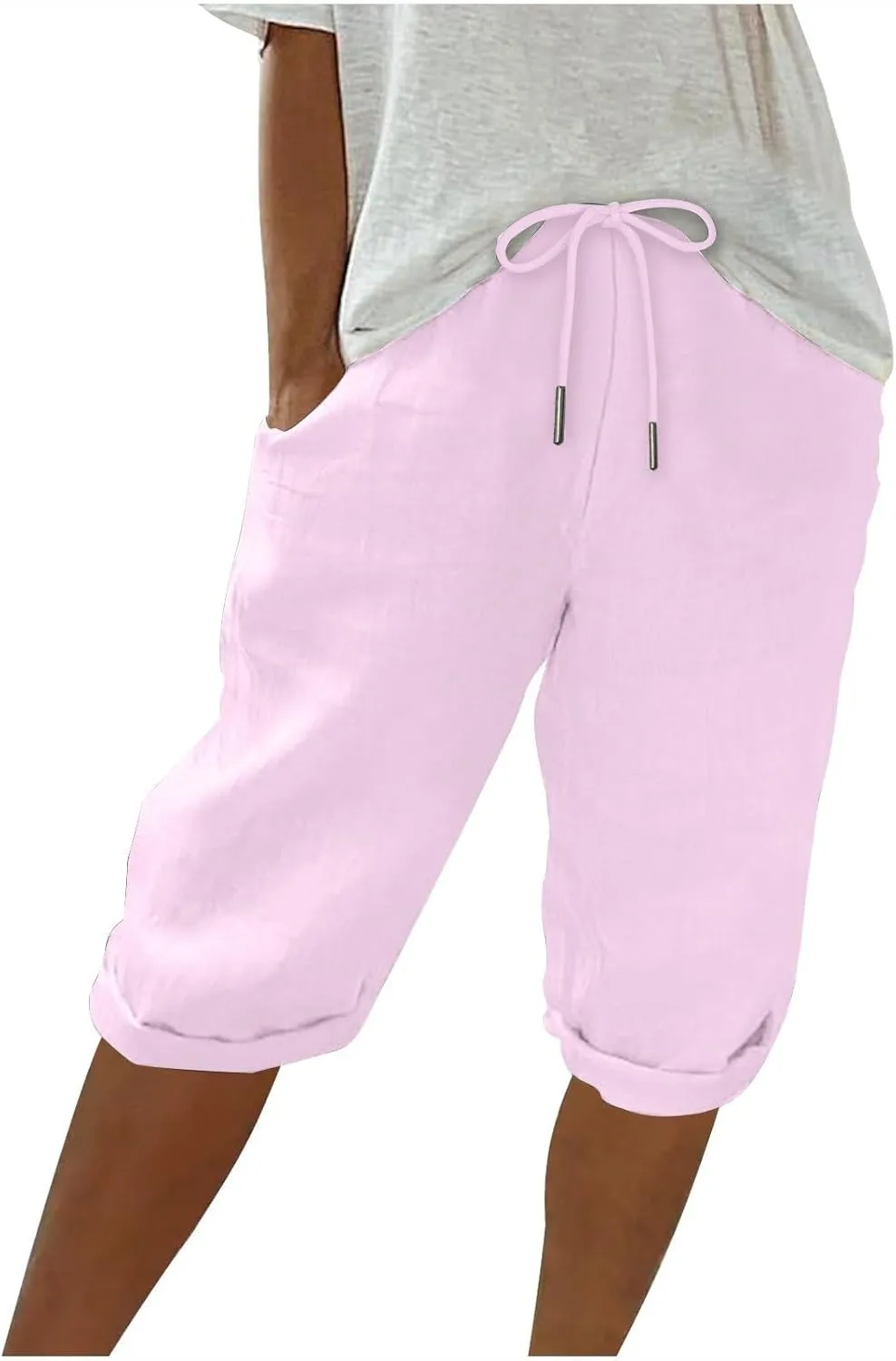 Linen Joggers for Women, Linen Cotton Pants Women, Pantalon De Lino para Mujer, Cropped High Waisted Straight Leg Trousers Loose Summer Beach Lounge Trousers Pink Small