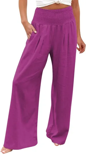 Linen Palazzo Pants for Women Wide Leg High Waist Flowy Summer Beach Loose Casual Lightweight Cotton Linen Trousers