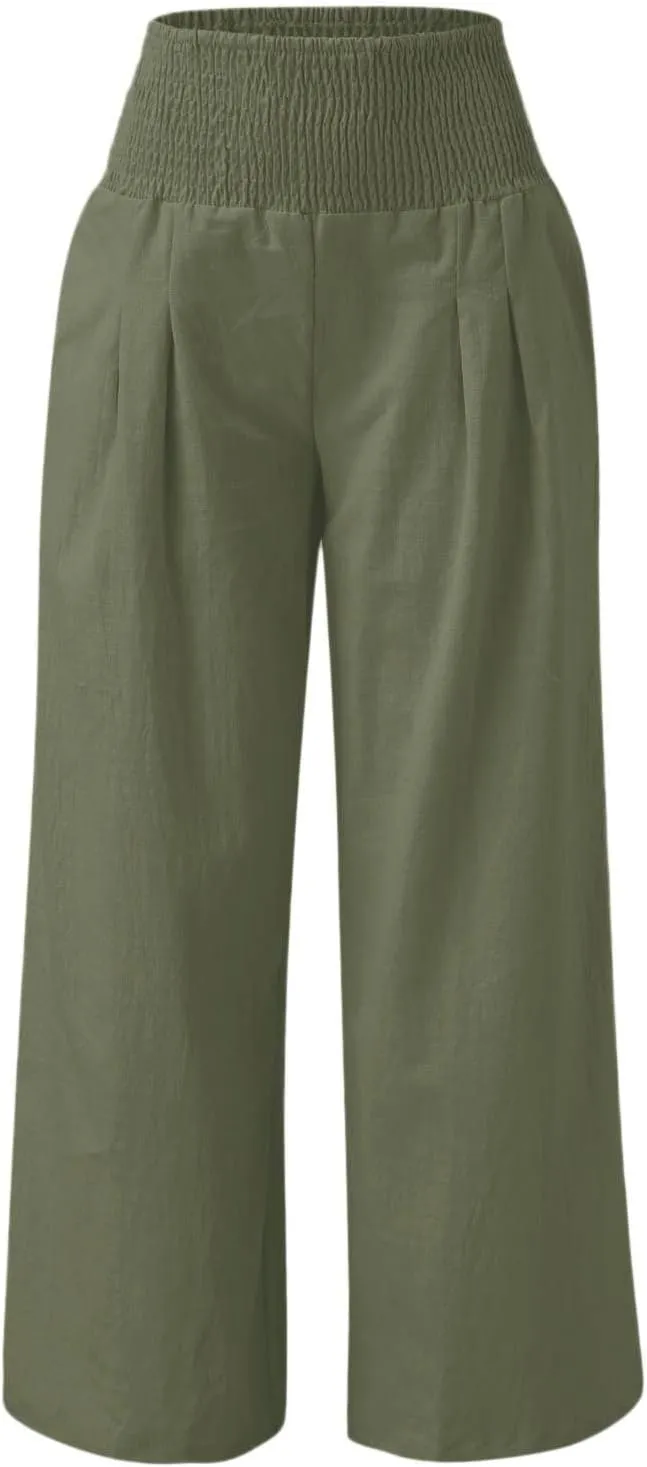 Linen Palazzo Pants for Women Wide Leg High Waist Flowy Summer Beach Loose Casual Lightweight Cotton Linen Trousers