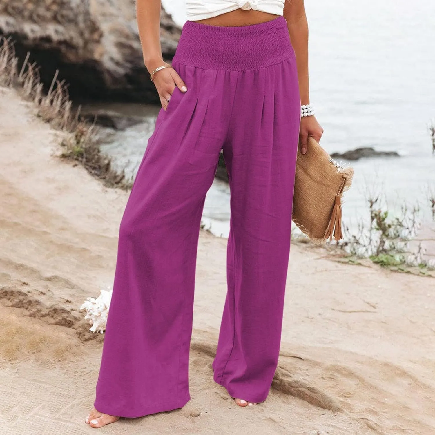 Linen Palazzo Pants for Women Wide Leg High Waist Flowy Summer Beach Loose Casual Lightweight Cotton Linen Trousers