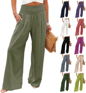 Linen Palazzo Pants for Women Wide Leg High Waist Flowy Summer Beach Loose Casual Lightweight Cotton Linen Trousers