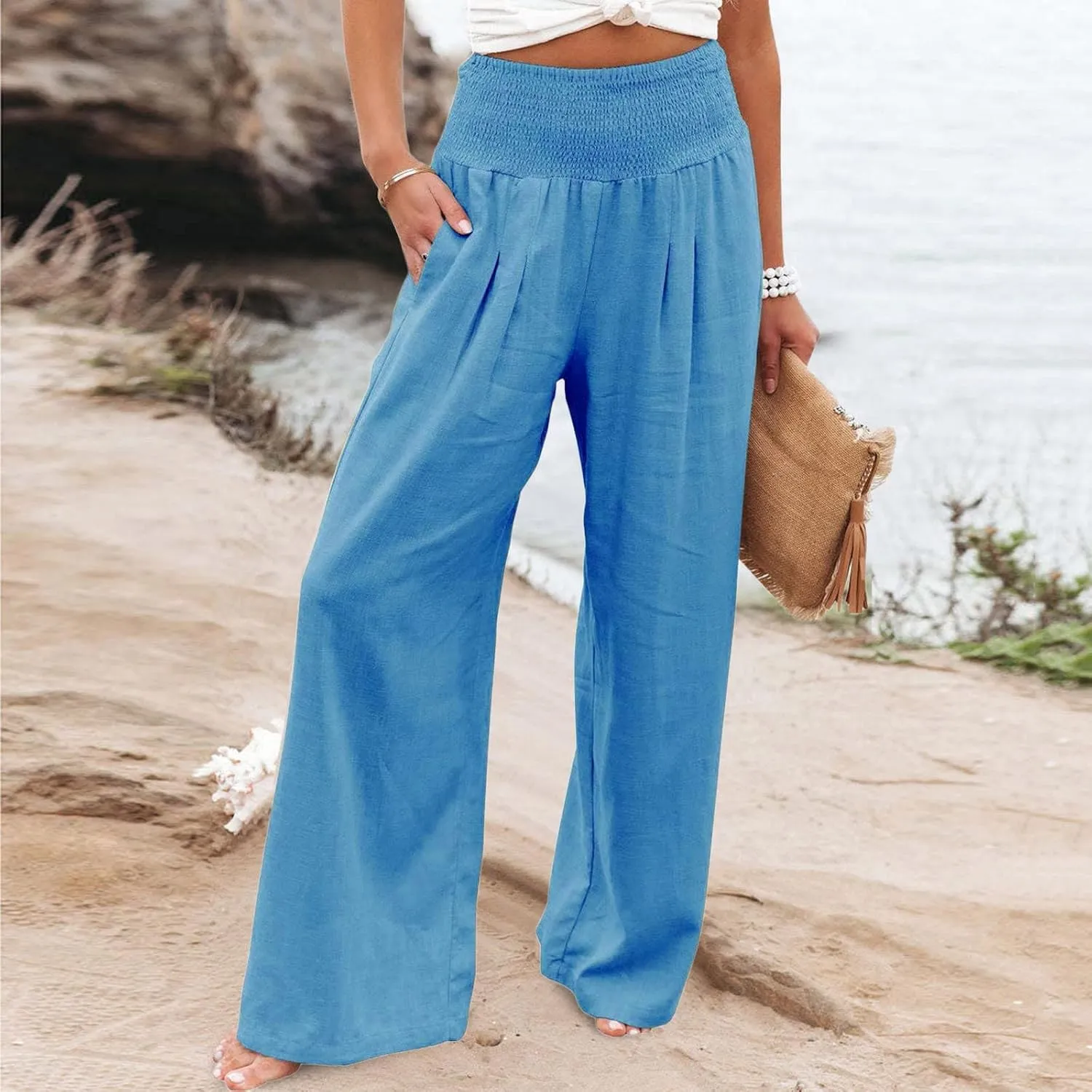 Linen Palazzo Pants for Women Wide Leg High Waist Flowy Summer Beach Loose Casual Lightweight Cotton Linen Trousers