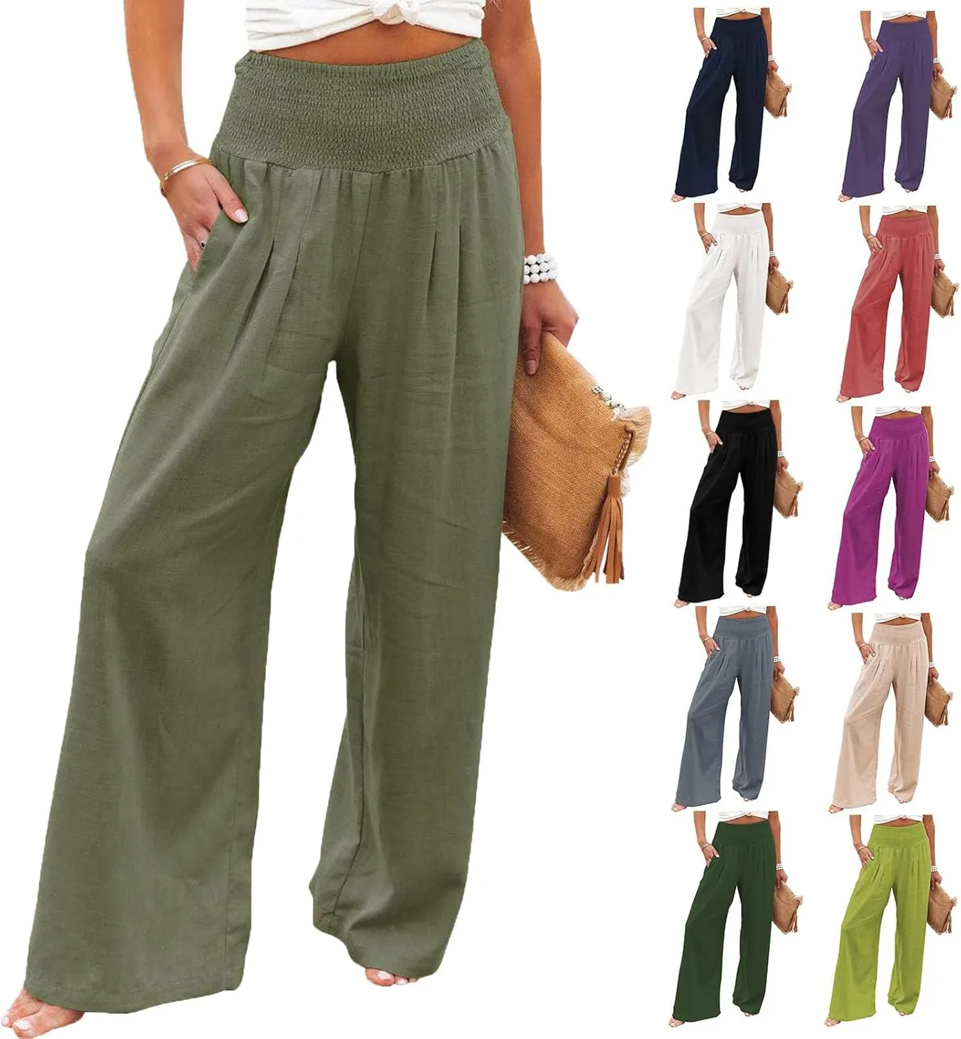Linen Palazzo Pants for Women Wide Leg High Waist Flowy Summer Beach Loose Casual Lightweight Cotton Linen Trousers