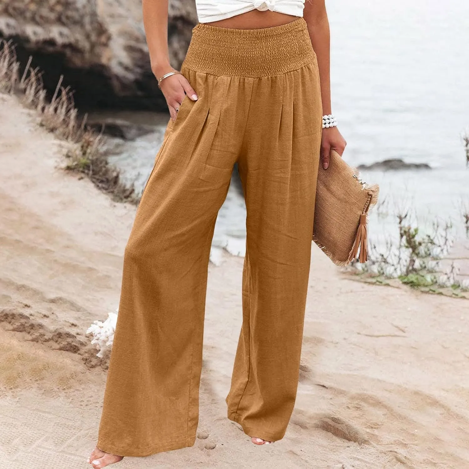 Linen Palazzo Pants for Women Wide Leg High Waist Flowy Summer Beach Loose Casual Lightweight Cotton Linen Trousers