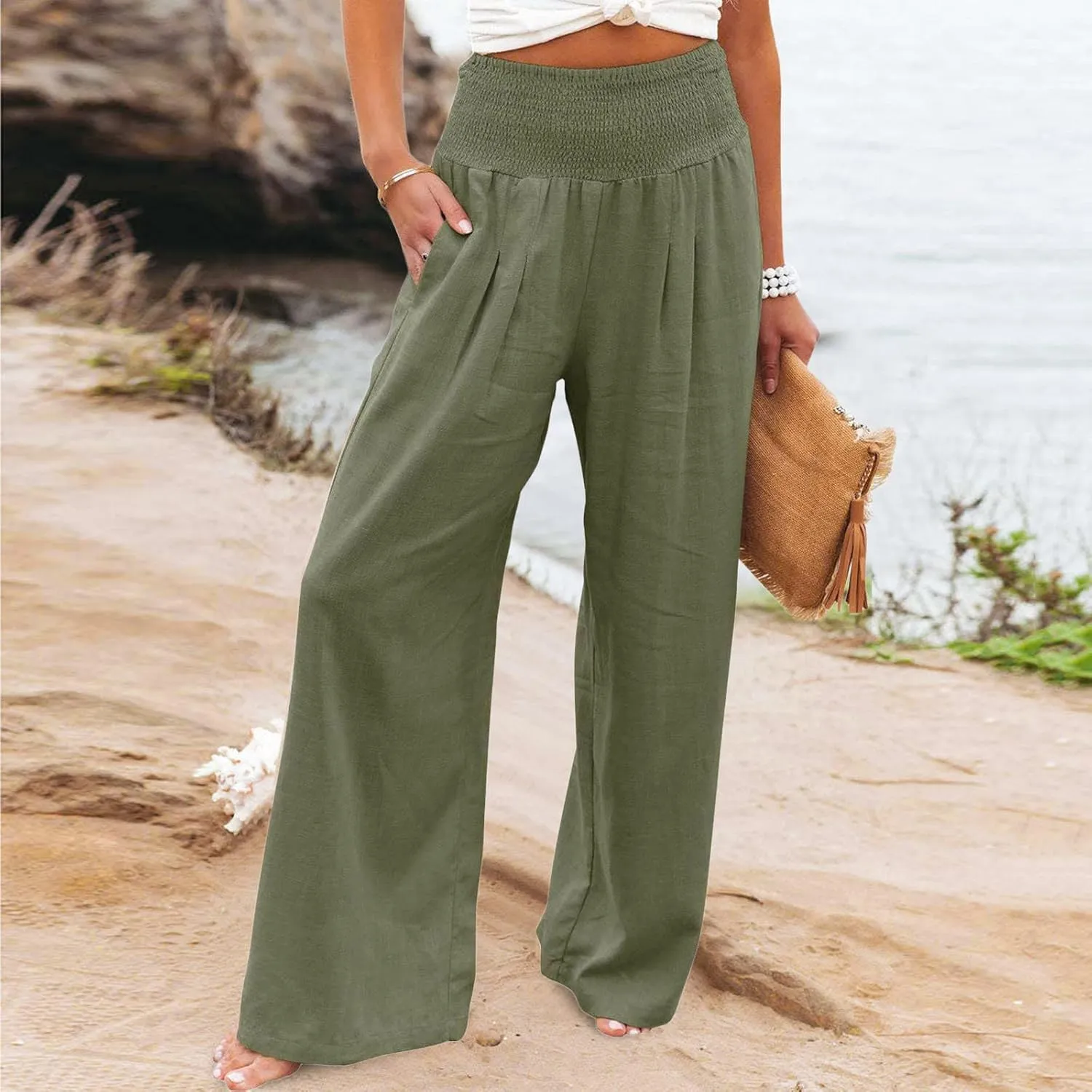 Linen Palazzo Pants for Women Wide Leg High Waist Flowy Summer Beach Loose Casual Lightweight Cotton Linen Trousers