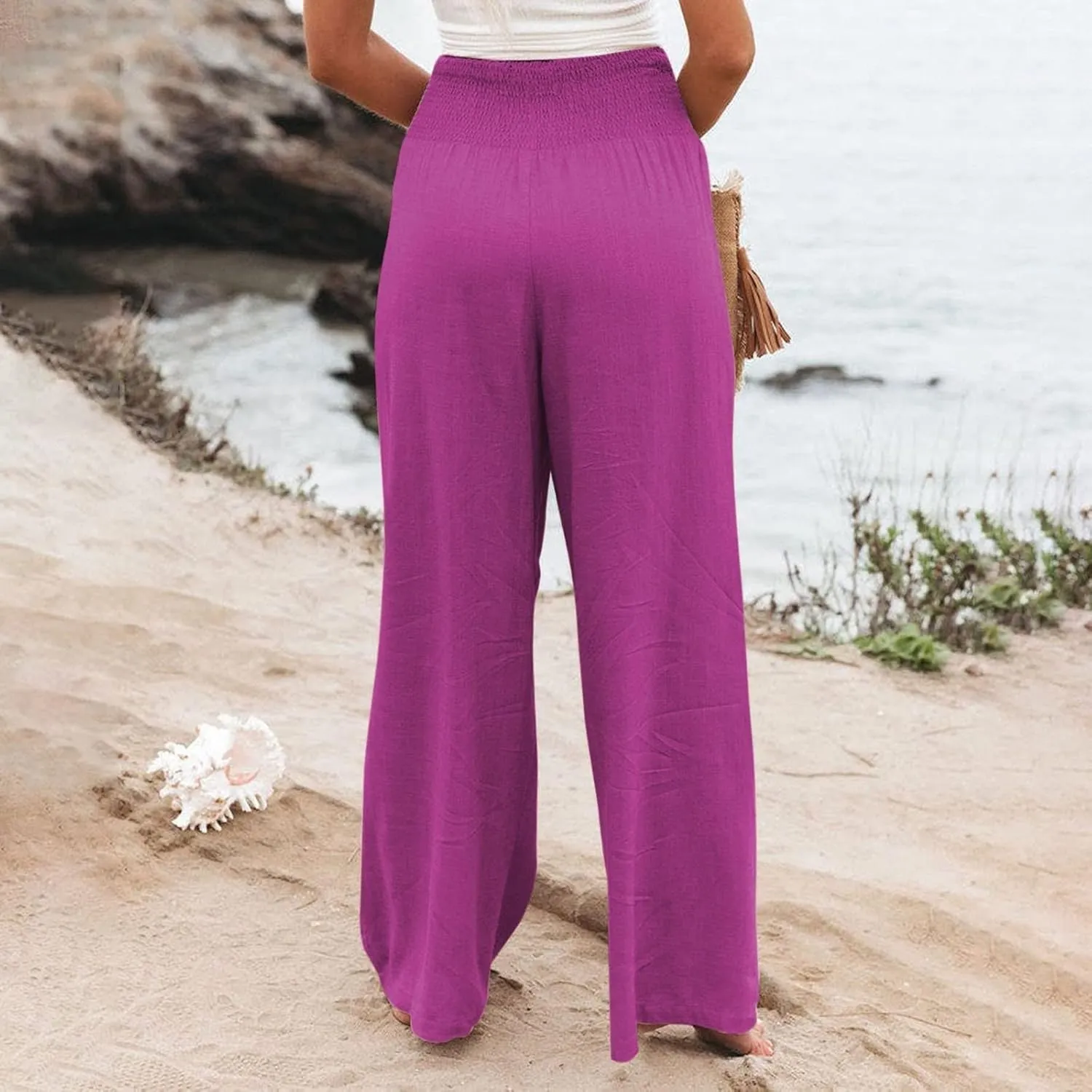 Linen Palazzo Pants for Women Wide Leg High Waist Flowy Summer Beach Loose Casual Lightweight Cotton Linen Trousers
