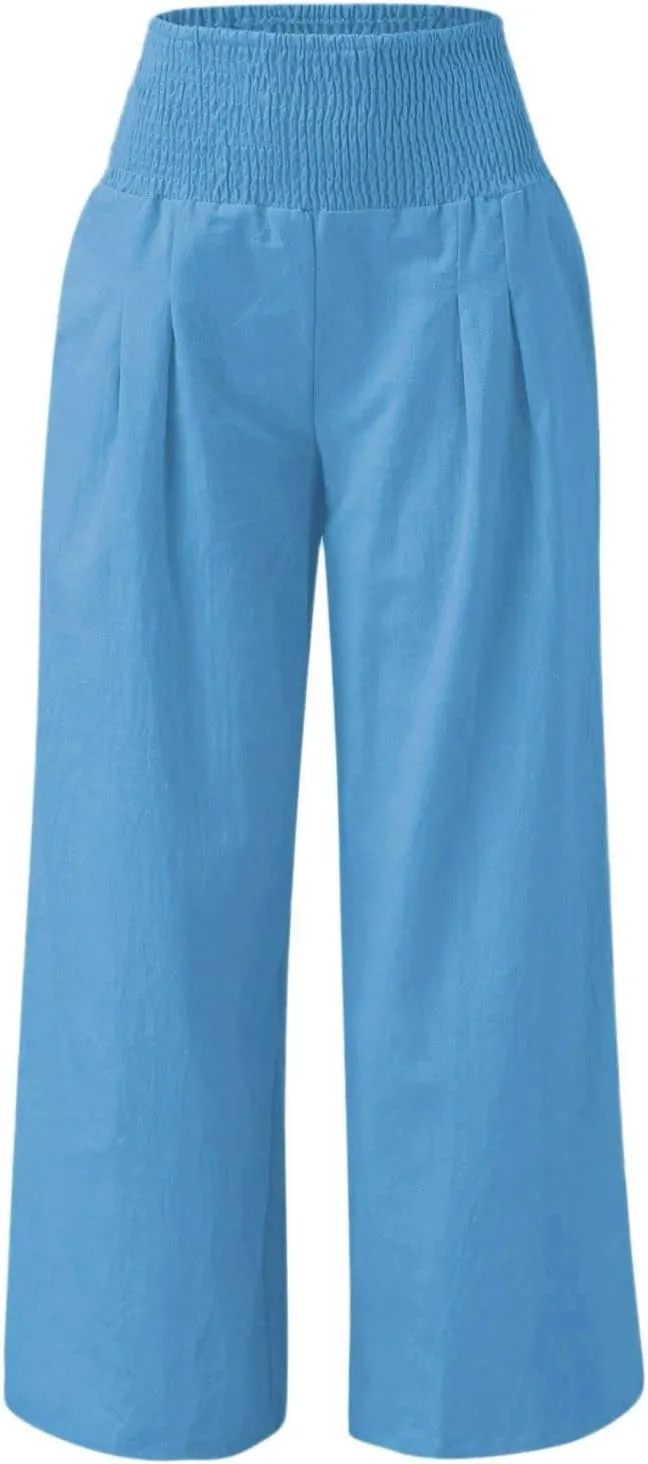 Linen Palazzo Pants for Women Wide Leg High Waist Flowy Summer Beach Loose Casual Lightweight Cotton Linen Trousers