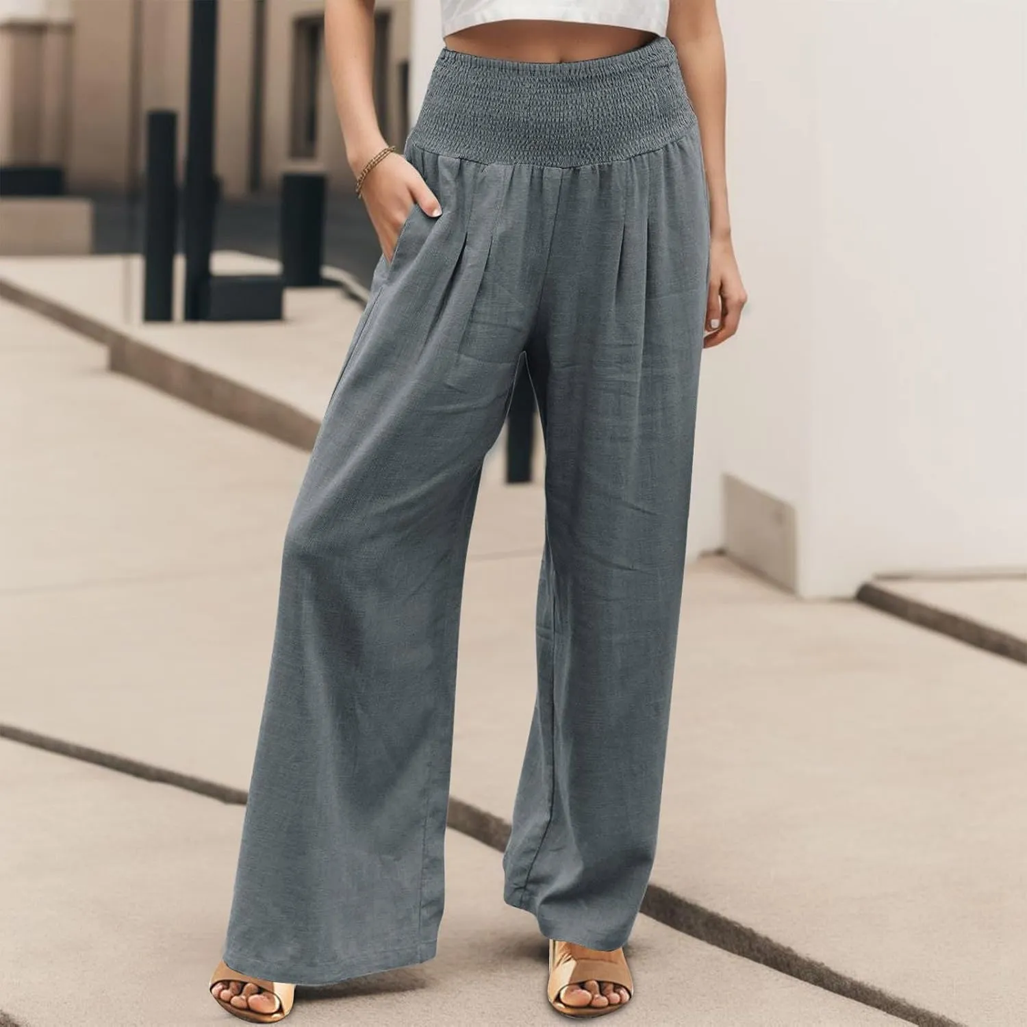 Linen Palazzo Pants for Women Wide Leg High Waist Flowy Summer Beach Loose Casual Lightweight Cotton Linen Trousers