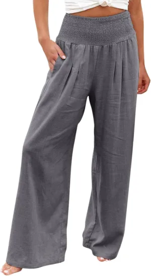 Linen Palazzo Pants for Women Wide Leg High Waist Flowy Summer Beach Loose Casual Lightweight Cotton Linen Trousers