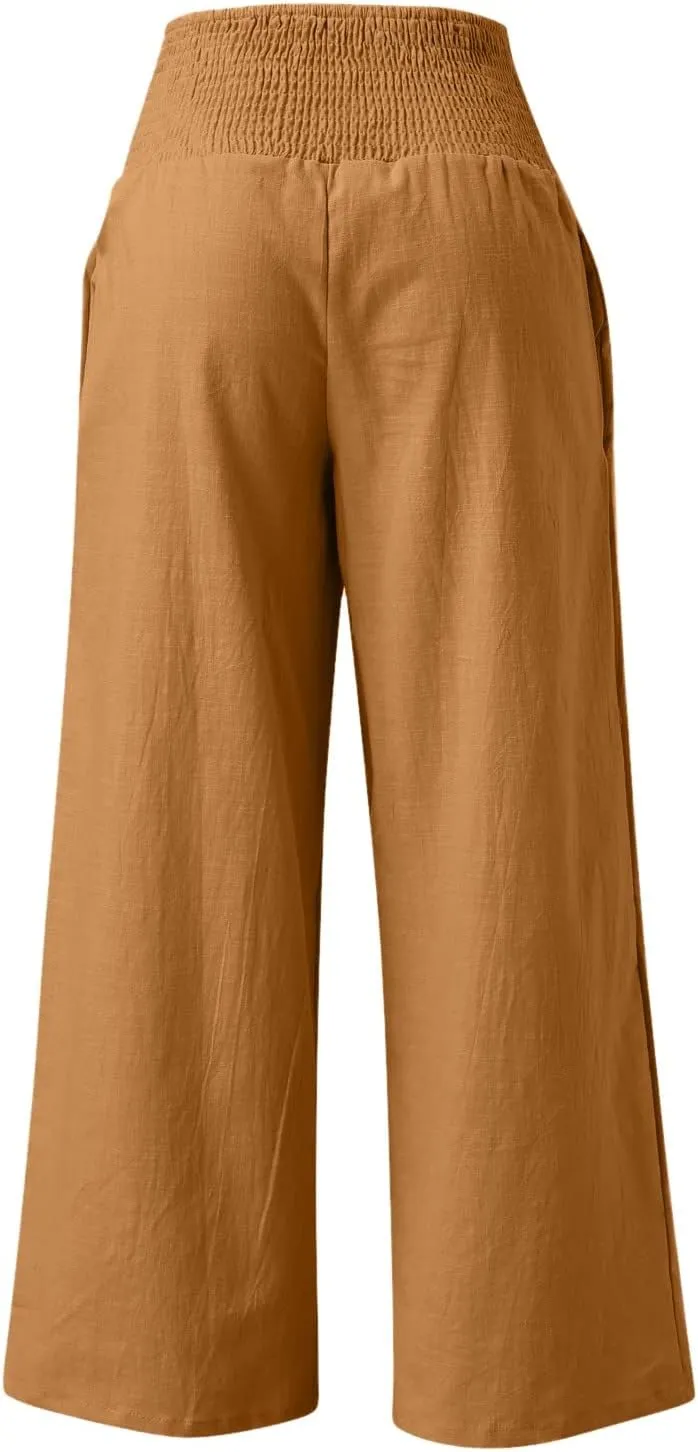 Linen Palazzo Pants for Women Wide Leg High Waist Flowy Summer Beach Loose Casual Lightweight Cotton Linen Trousers