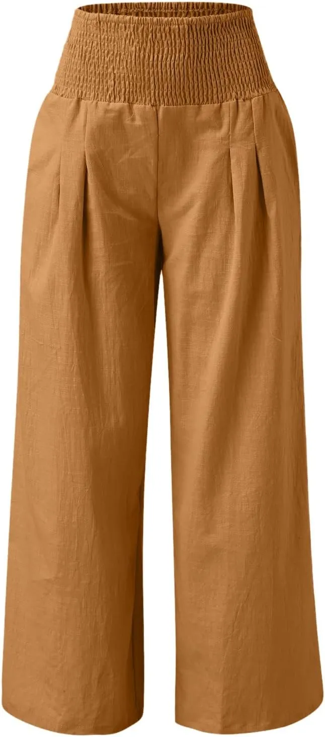 Linen Palazzo Pants for Women Wide Leg High Waist Flowy Summer Beach Loose Casual Lightweight Cotton Linen Trousers