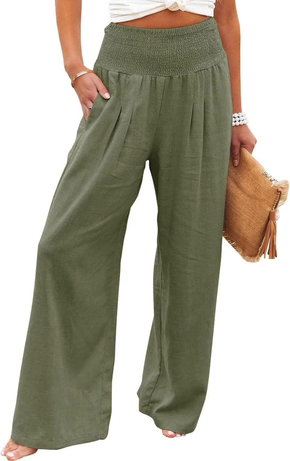 Linen Palazzo Pants for Women Wide Leg High Waist Flowy Summer Beach Loose Casual Lightweight Cotton Linen Trousers