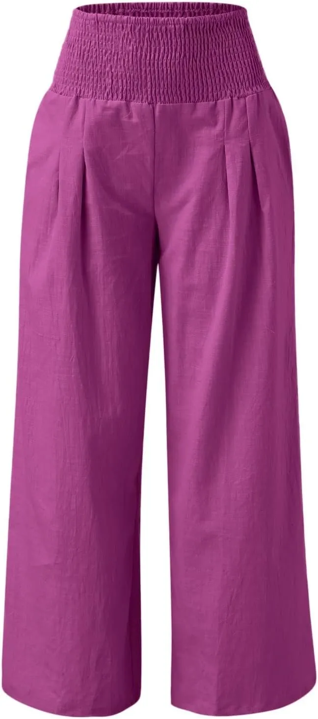 Linen Palazzo Pants for Women Wide Leg High Waist Flowy Summer Beach Loose Casual Lightweight Cotton Linen Trousers