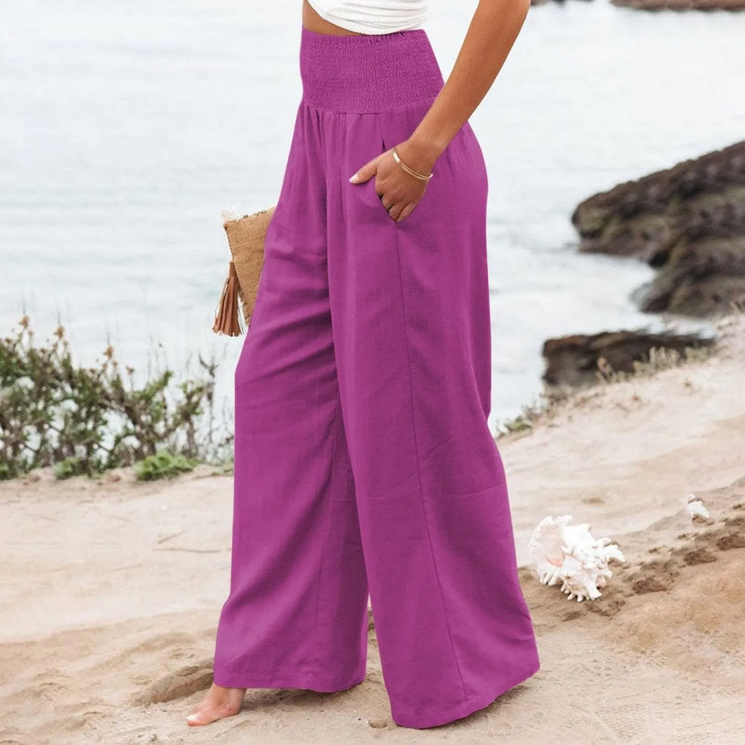 Linen Palazzo Pants for Women Wide Leg High Waist Flowy Summer Beach Loose Casual Lightweight Cotton Linen Trousers